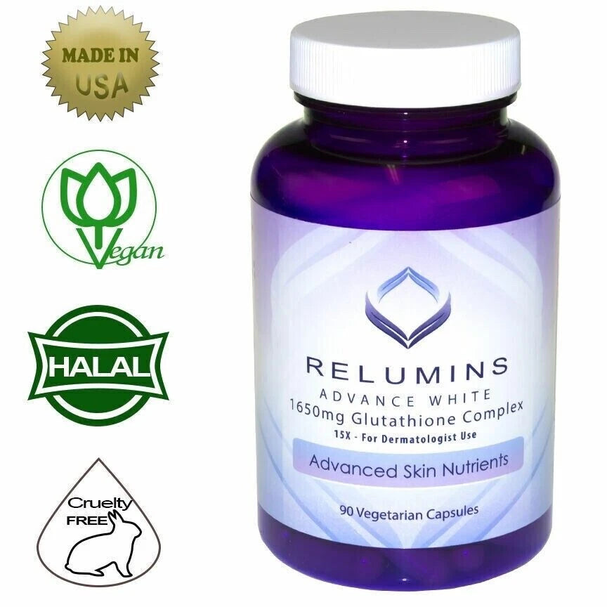 Relumins Advance White supplement bottle with certification logos on a white background