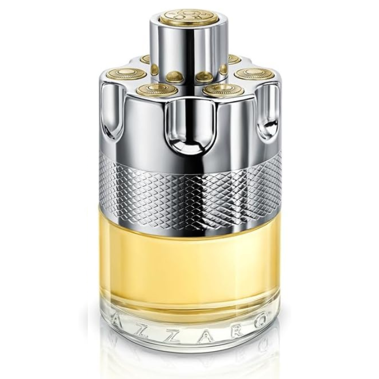 Perfume bottle with silver cap and body on a white background