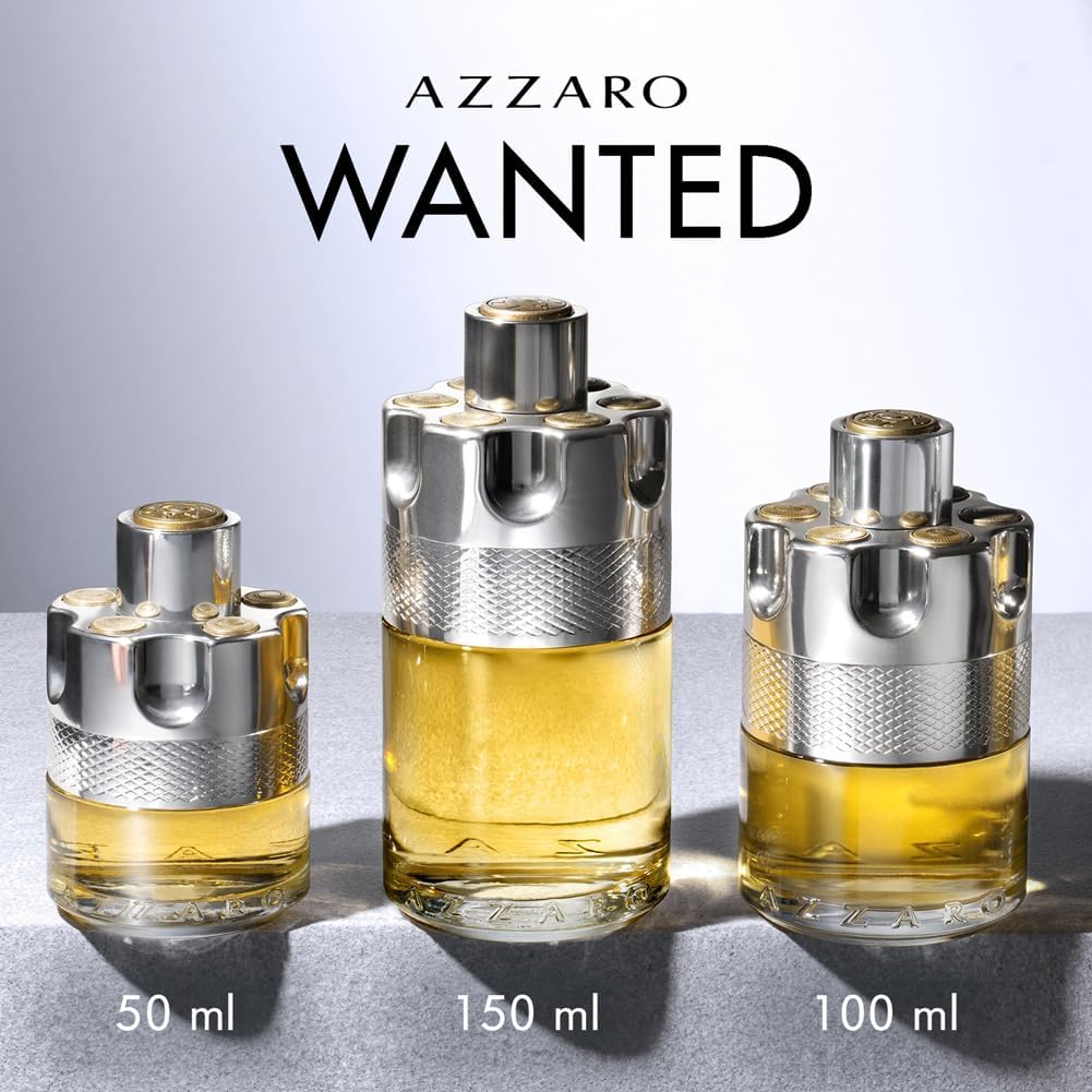 Azzaro Wanted perfume bottles of different sizes on a light background