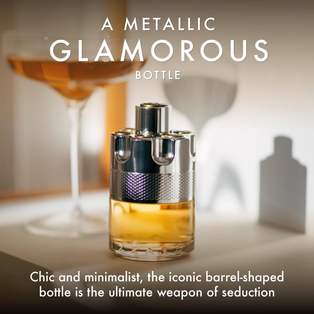 Metallic glamorous bottle with text describing its design and appeal