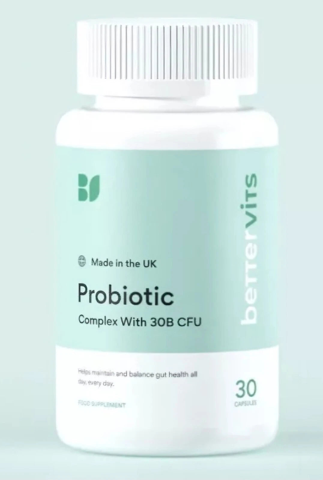 Probiotic supplement bottle labeled 'betterVits' on a light green background