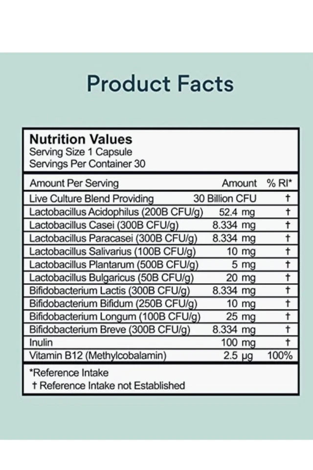 Nutrition facts label for a probiotic supplement on a light green background