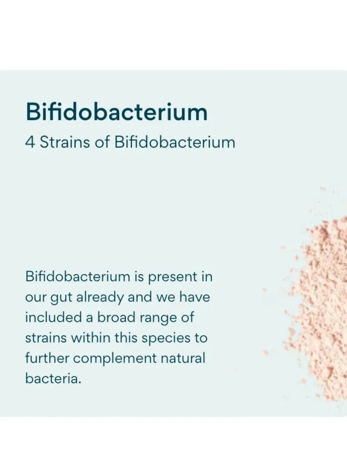 Text about Bifidobacterium strains on a light blue background with a small amount of pink powder on the right side.