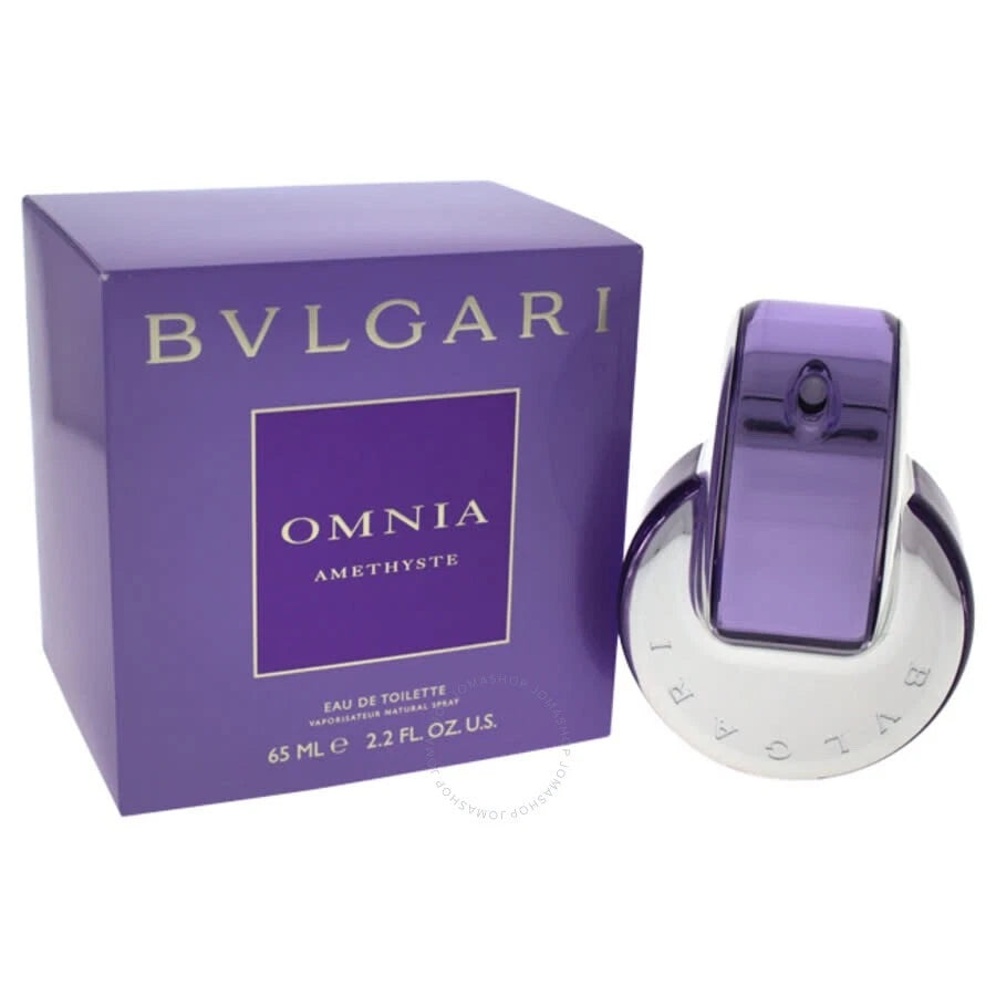 Bvlgari Omnia Amethyste perfume bottle featuring a sleek, interlocking circular design in shades of purple and silver.