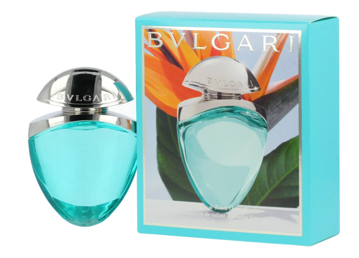 Bvlgari Omnia Paraiba perfume bottle with an elegant, interlocking circular design in vibrant teal and silver tones.