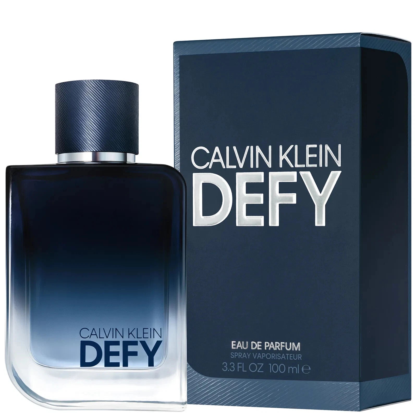 Calvin Klein Defy perfume bottle with a modern rectangular design in frosted glass and black accents.