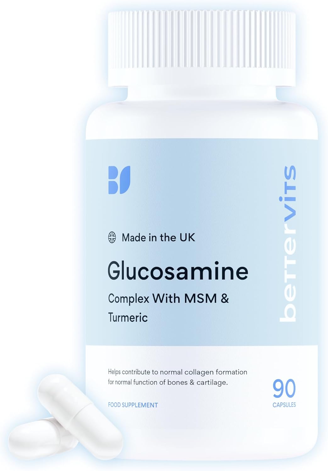 Supplement bottle labeled 'Glucosamine Complex with MSM & Turmeric' by bettervits on a light blue background.