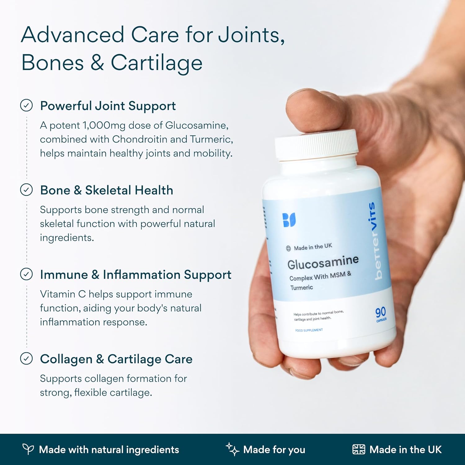 Hand holding a bottle of Better Vitamins Glucosamine supplement with product details on a light gray background.