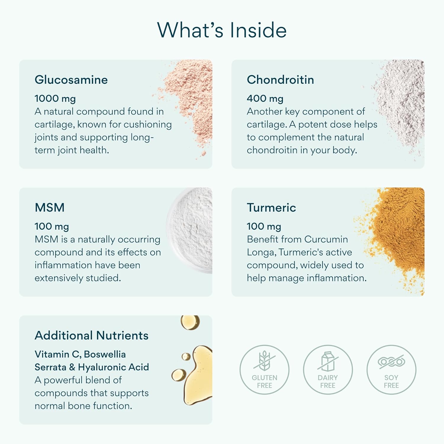 Product label detailing ingredients and their benefits on a light blue background