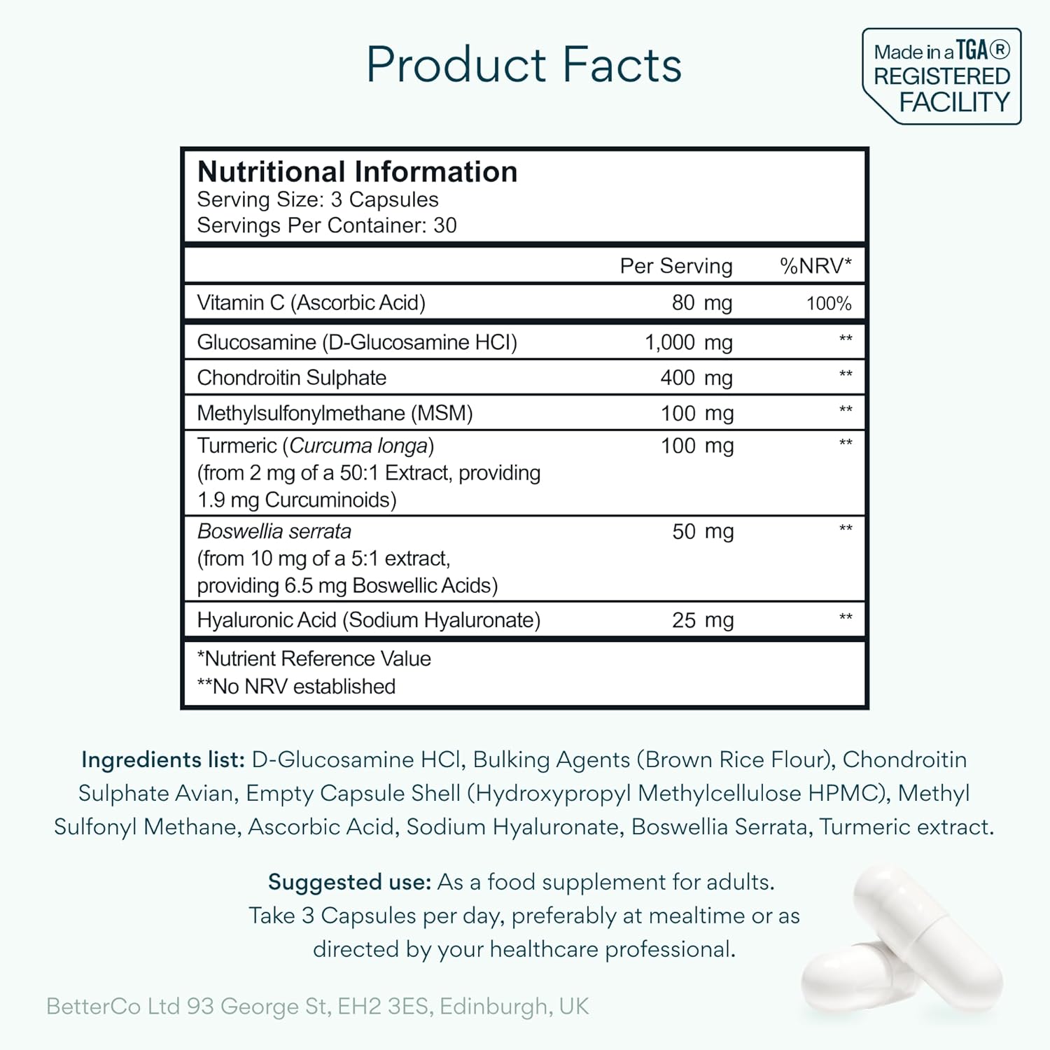 Nutritional information label for a supplement with ingredients and usage instructions.