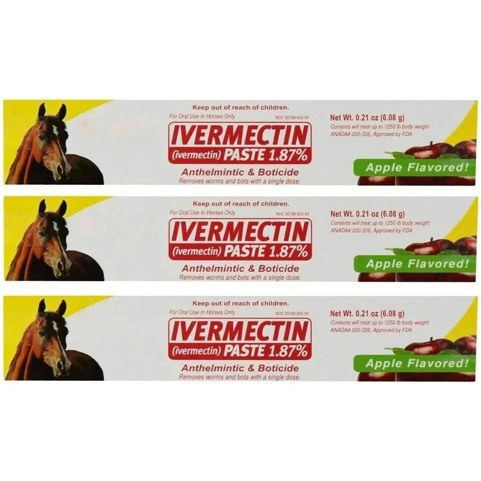 Three packages of Ivermectin paste for horses on a white background
