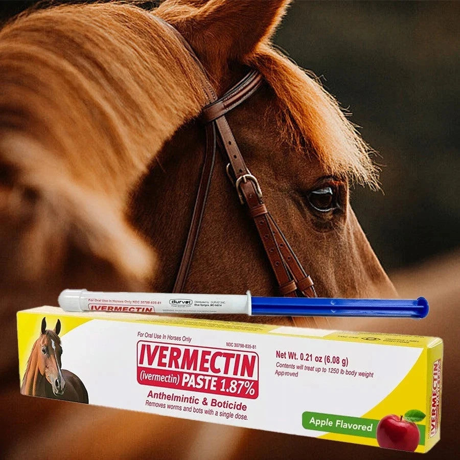 Horse with Ivermectin paste packaging in the foreground