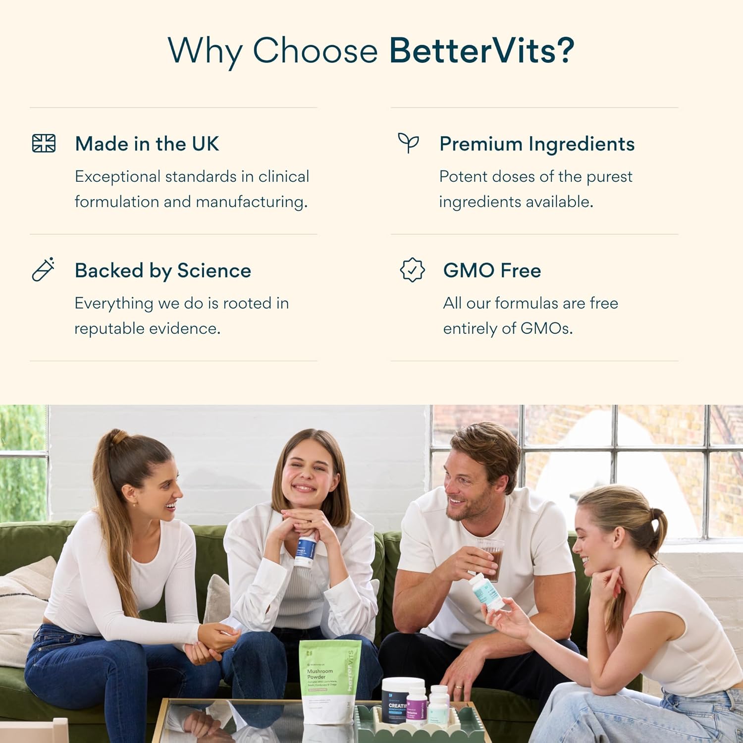 Advertisement for BetterVits showing people sitting on a couch with products, with text highlighting features like 'Made in the UK', 'Premium Ingredients', 'Backed by Science', and 'GMO Free'.