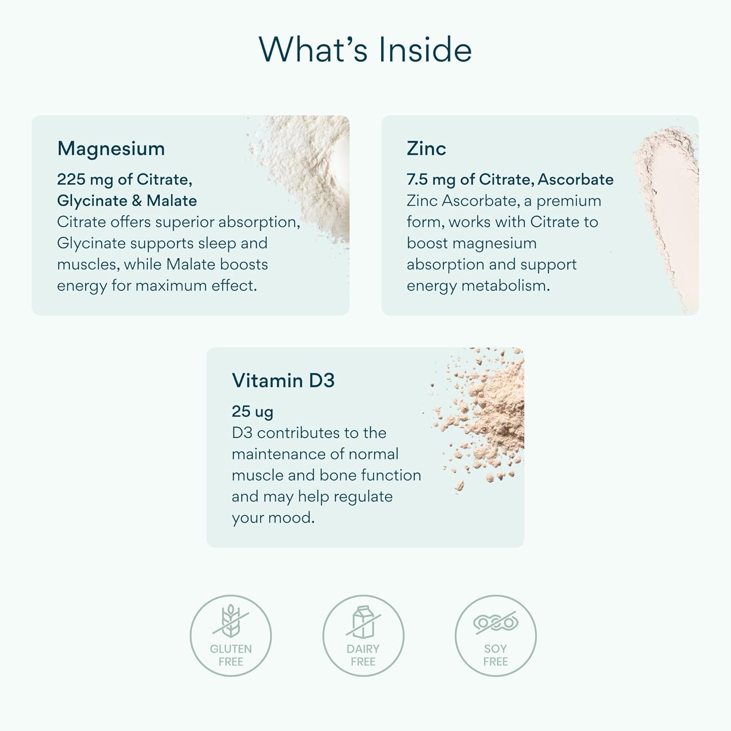Product ingredient information with magnesium, zinc, and vitamin D3 details on a white background.