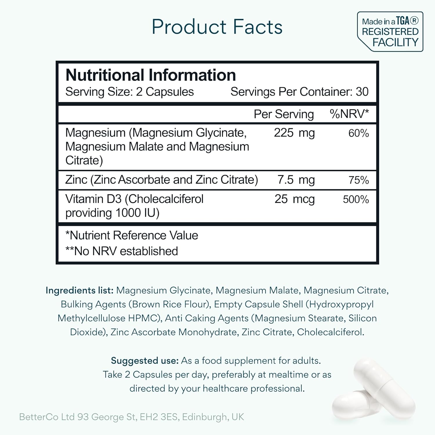 Nutritional information label for a supplement with white background and black text.