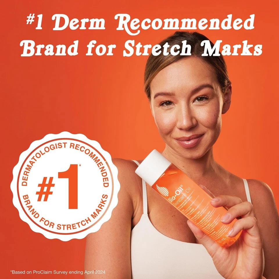 Woman holding a bottle of skincare product with '#1 Derm Recommended Brand for Stretch Marks' text on an orange background.