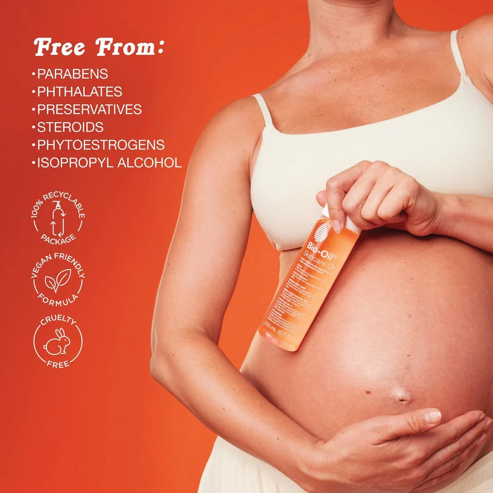 Pregnant woman holding a bottle of skincare product with safety information on an orange background