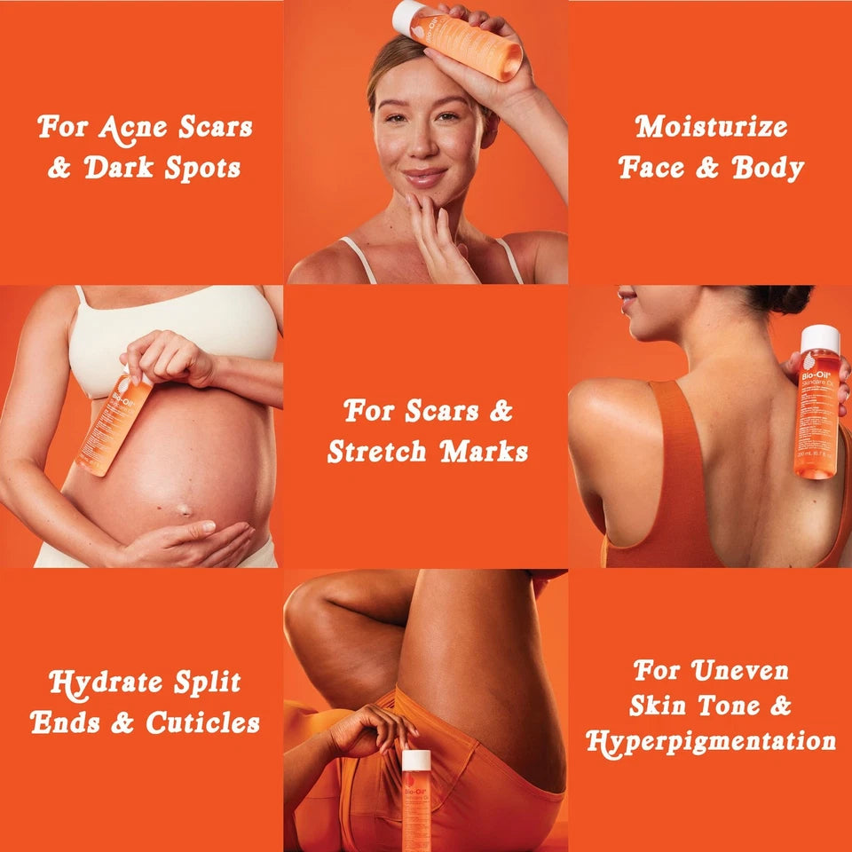Promotional image of a skincare product with text on its uses on an orange background
