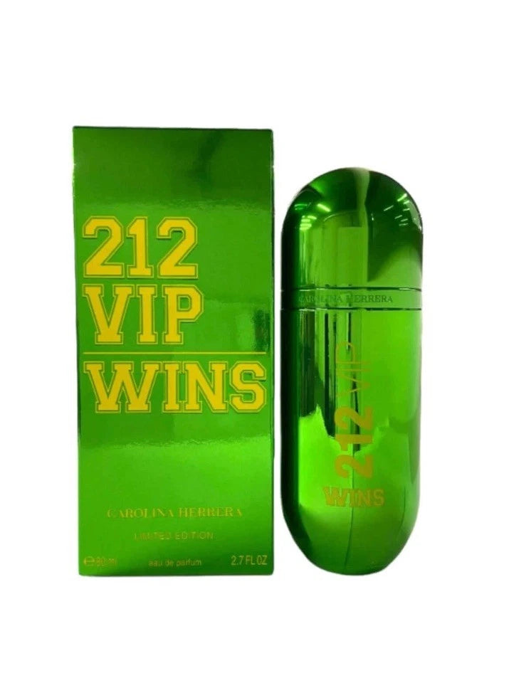Green perfume bottle and packaging with '212 VIP Wins' text on a white background